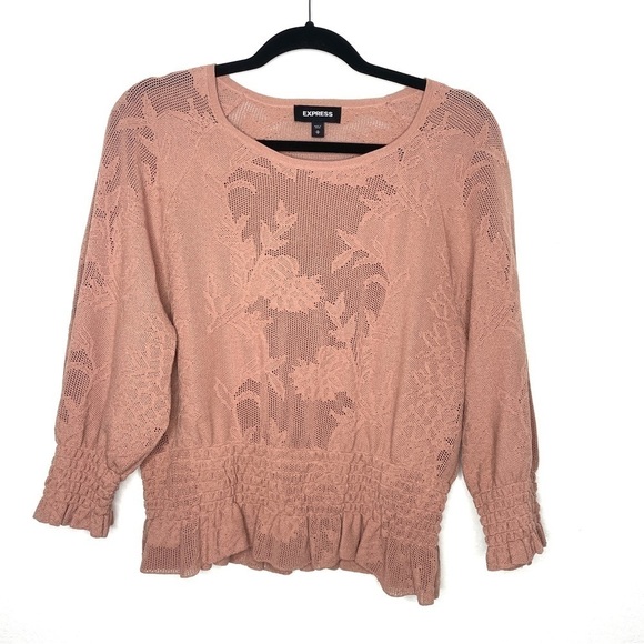 Express Lace Stitched Smocked Peplum Sweater Open Knit Rose Pink Romantic - Picture 1 of 9